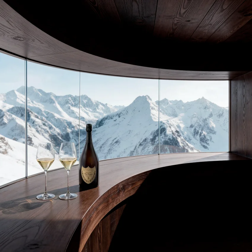Dom Pérignon bottle and two glasses on a curved wooden chalet ledge framing a panoramic alpine mountain view — ai video production Thinkdiff, photography & art direction by Pierrick Jégou, produced by Thinkdiff AI Production House