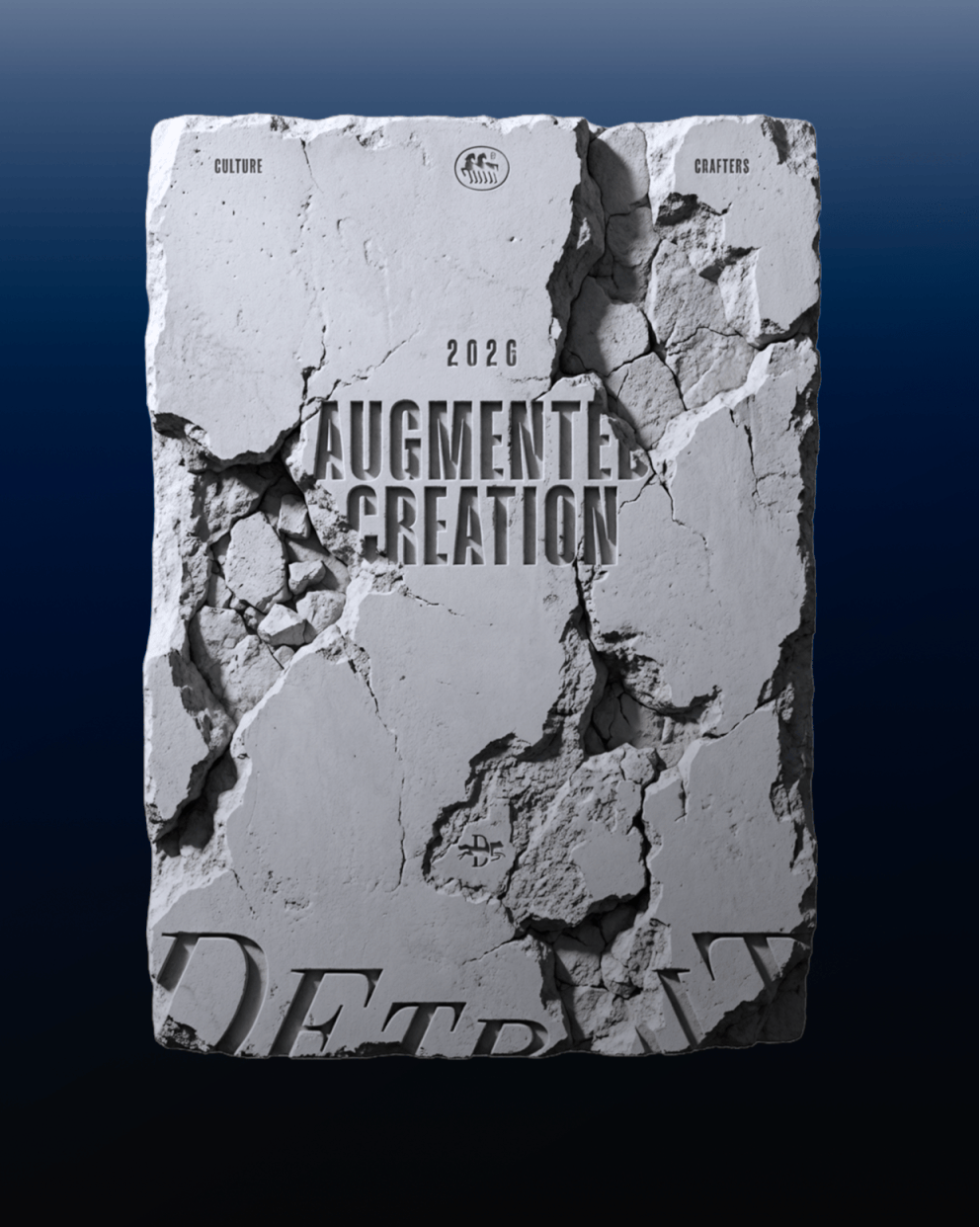 Cracked stone tablet engraved with "2026 Augmented Creation" and the Thinkdiff logo, "Culture Crafters" lettering above — 3d product animation Thinkdiff, cover visual for Thinkdiff's 2026 industry trends report
