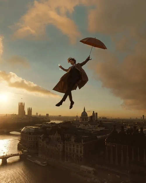 Man flying above the London skyline at sunset with an umbrella and champagne glass, Mary Poppins–inspired scene — ai video production Thinkdiff, photography & art direction by Floow, produced by Thinkdiff AI Production House