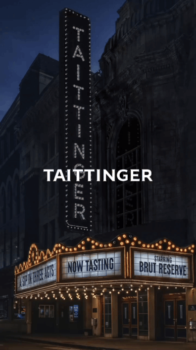 Animated theater marquee sign reading "Taittinger — Now Tasting, Brut Reserve" glowing at night — ai video production Thinkdiff, photography & art direction by Floow, produced by Thinkdiff AI Production House