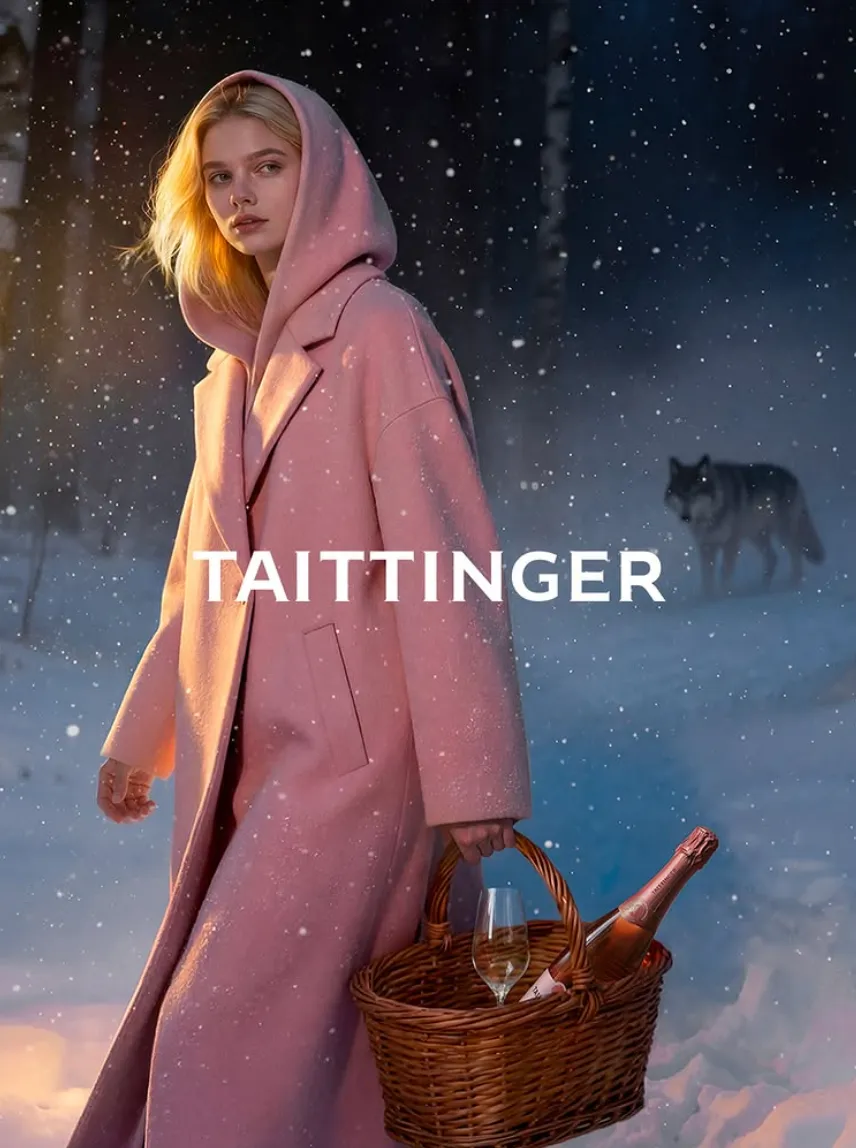 Woman in a pink coat walking through a snowy forest with a wolf behind her, carrying a picnic basket with a Taittinger bottle — ai advertising agency Thinkdiff, photography & art direction by Floow, produced by Thinkdiff AI Production House