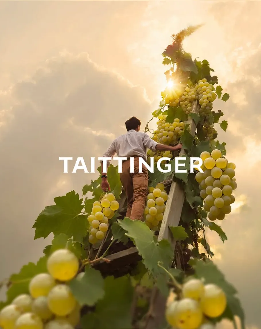 Man harvesting grapes from a vine trained into the shape of a Taittinger bottle under golden light — 3d product visualization Thinkdiff, photography & art direction by Floow, produced by Thinkdiff AI Production House