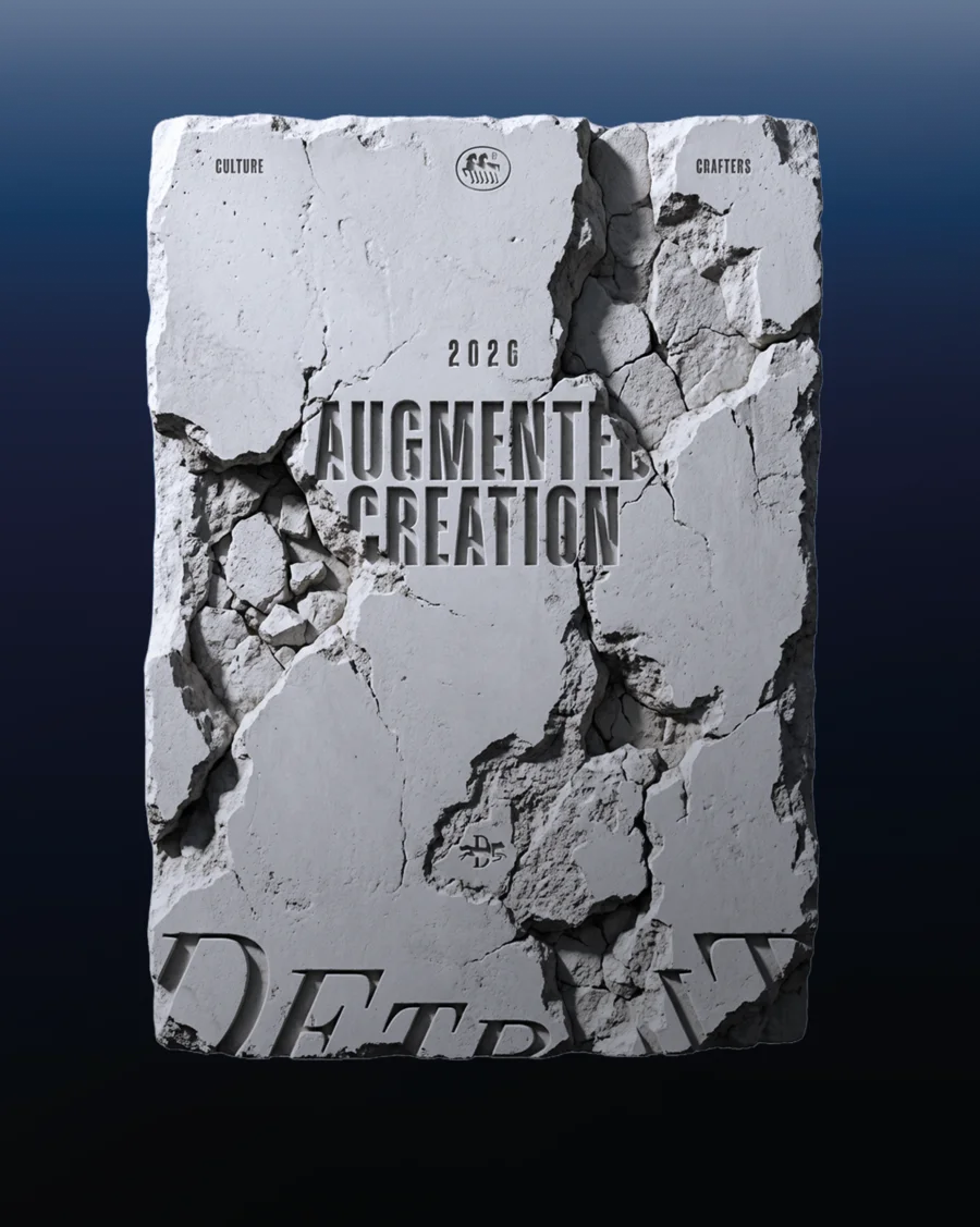 Cracked stone tablet engraved with "2026 Augmented Creation" and the Thinkdiff logo, "Culture Crafters" lettering above — 3d product animation Thinkdiff, cover visual for Thinkdiff's 2026 industry trends report