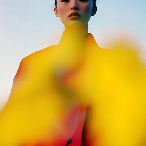 Woman in a yellow coat with a red color-bleed effect across her shoulder, bold graphic portrait style — luxury video production Thinkdiff, generative AI artwork & art direction by Charlie Faye Mather