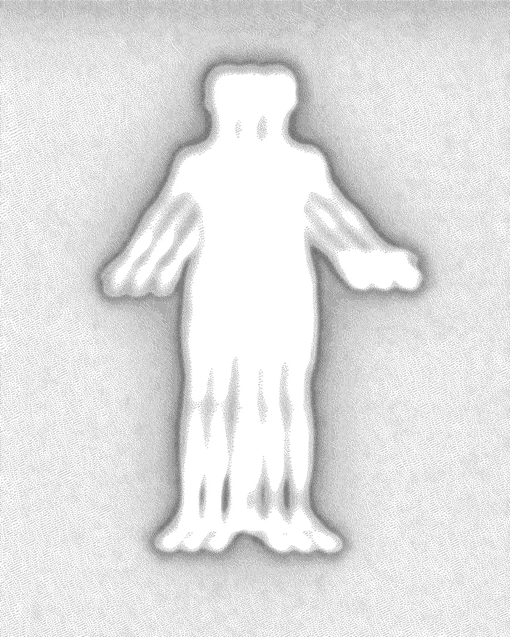 Grainy dithered silhouette of a standing figure with arms outstretched, textured halftone background — cgi advertising Thinkdiff, visual filler for Thinkdiff's Insights section