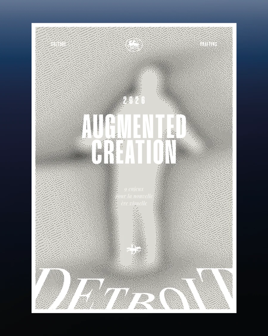 Dotted halftone silhouette of a standing figure behind "2026 Augmented Creation" text on a textured poster — cgi advertising Thinkdiff, cover visual for Thinkdiff's 2026 industry trends report