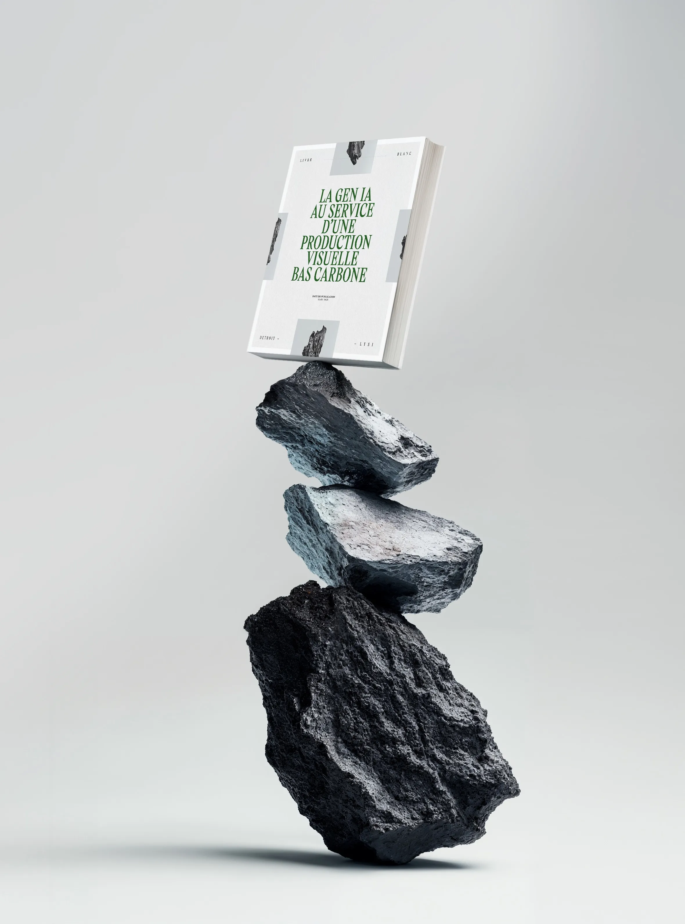 Stacked dark stones balanced beside a floating open report cover, minimalist grey studio backdrop — cgi studio Thinkdiff, cover visual for Thinkdiff's carbon impact report