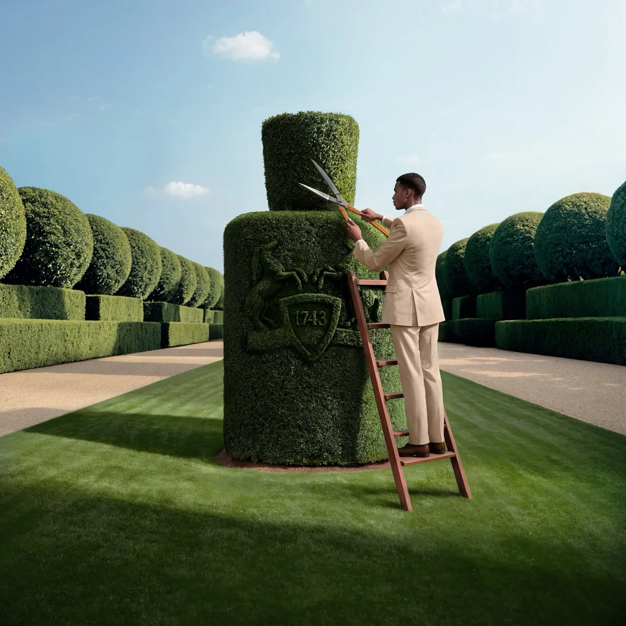 Man on a ladder trimming a topiary shaped like a Parfums de Marly bottle on a manicured lawn — virtual production studio Thinkdiff, photography & art direction by Alex, produced by Thinkdiff AI Production House