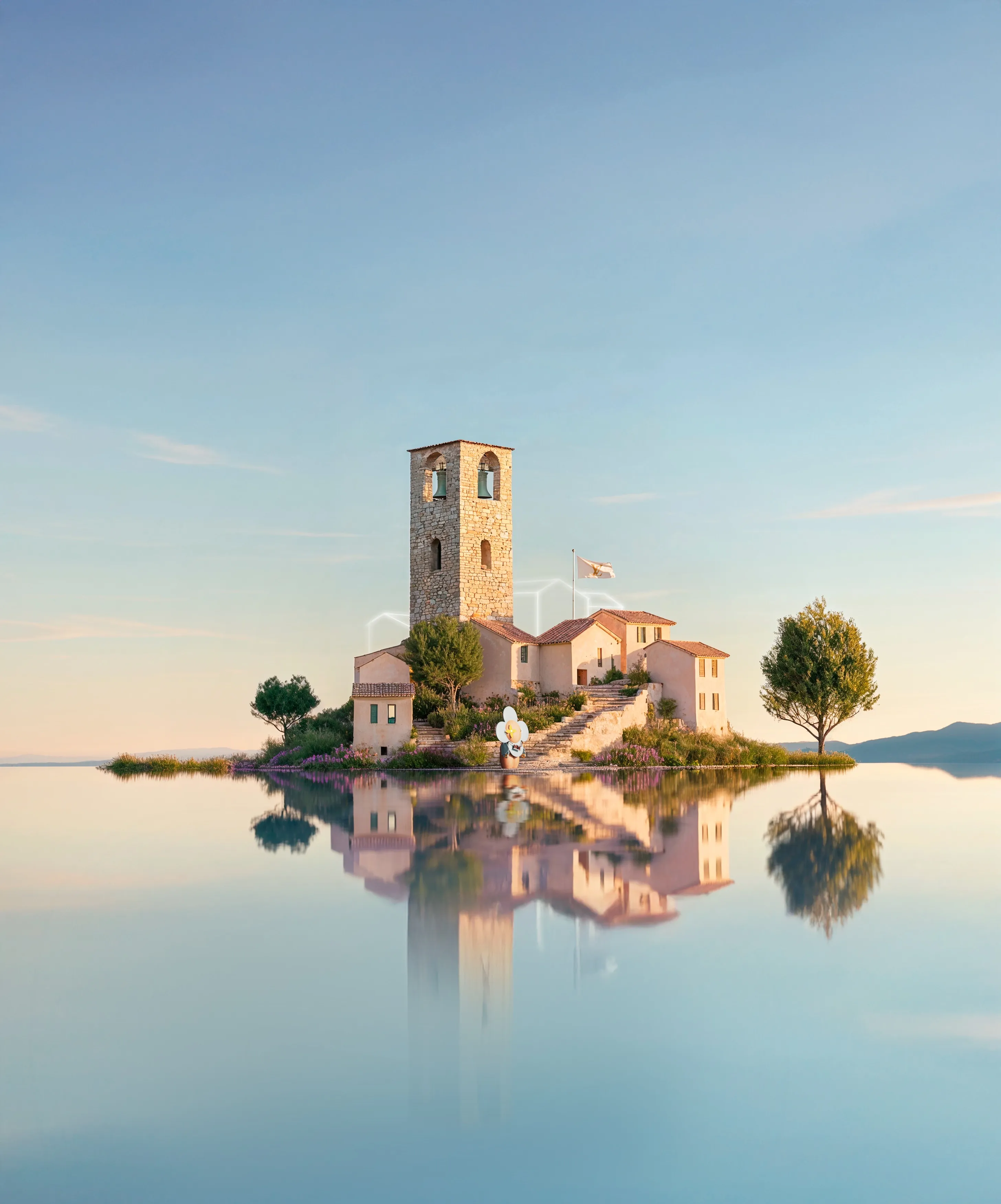 Small bell tower village floating on a mirror-calm lake at dawn for the Louis Vuitton Grasse case study — cgi advertising Thinkdiff, photography & art direction by Thinkdiff AI Production House