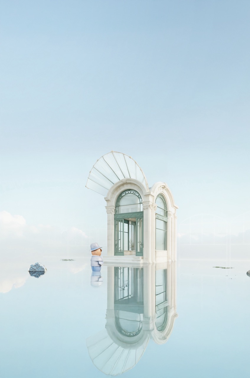 White arched pavilion structure reflected on perfectly still water, a small figure and luggage nearby — cgi studio Thinkdiff, photography & art direction by Thinkdiff AI Production House
