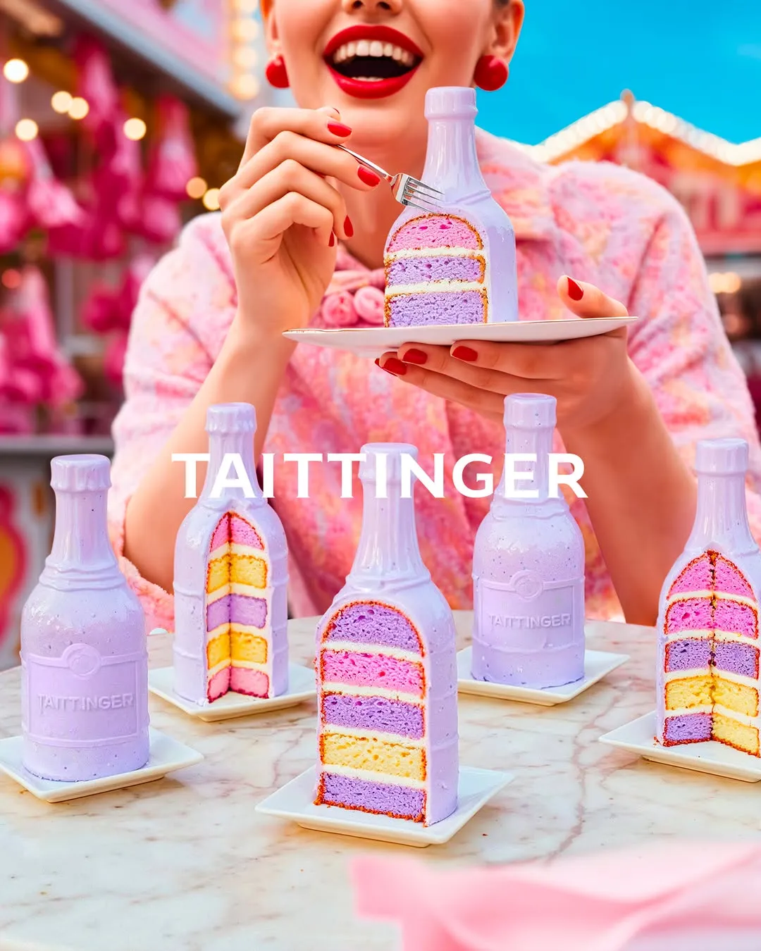 Woman in pink eating layered cake sliced from miniature Taittinger bottle molds at a fairground stand — 3d product animation Thinkdiff, photography & art direction by Floow, produced by Thinkdiff AI Production House
