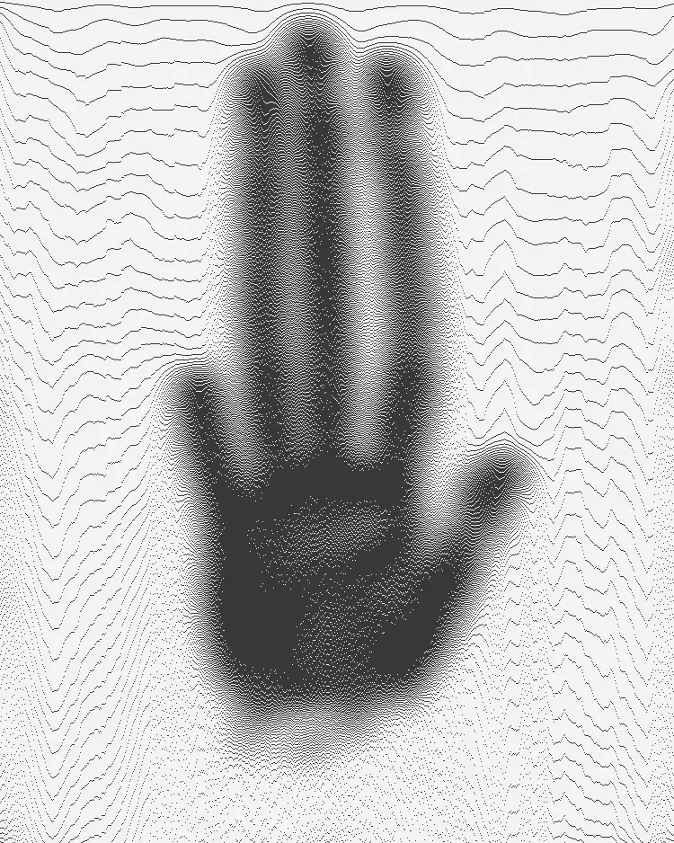 Dithered contour-line illustration of an open hand with fingers spread against wavy topographic lines — virtual production studio Thinkdiff, visual filler for Thinkdiff's Insights section