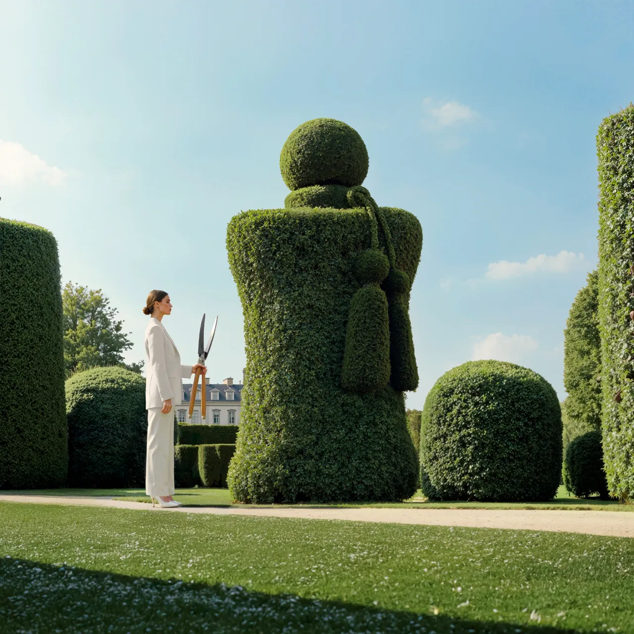 Man in white robe bowing before a towering topiary sculpture shaped like a Parfums de Marly bottle — 3d product visualization Thinkdiff, photography & art direction by Alex, produced by Thinkdiff AI Production House