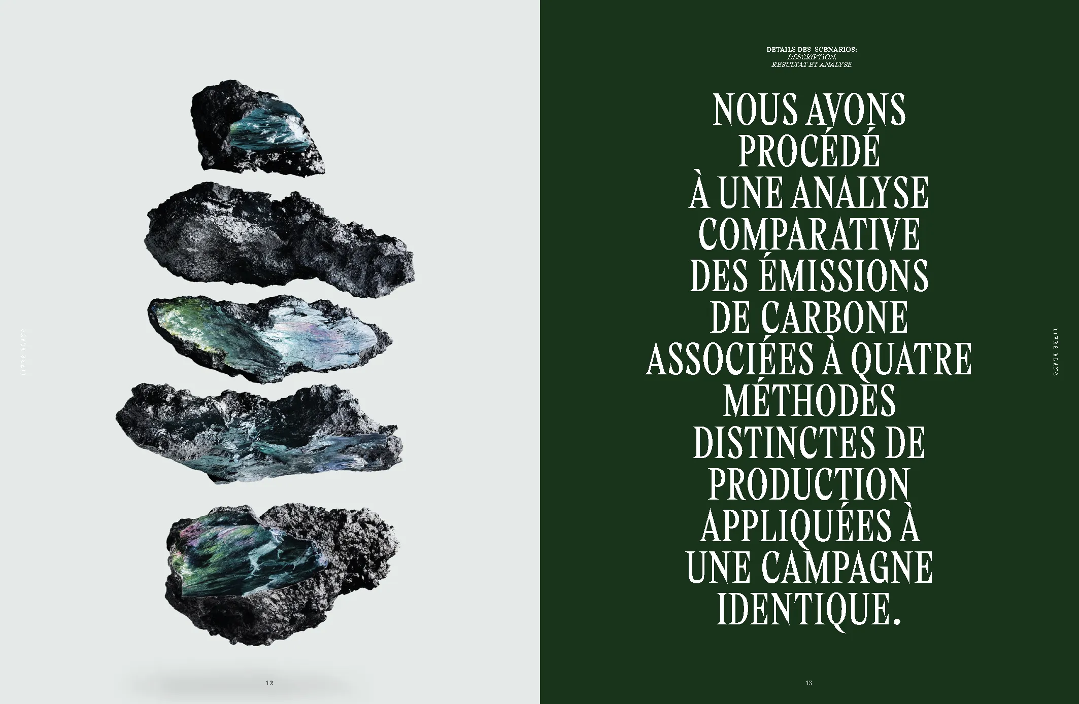 Report spread showing stacked balanced stones beside a green panel of dense analysis text on carbon emissions methodology — cgi advertising Thinkdiff, from Thinkdiff's carbon impact report