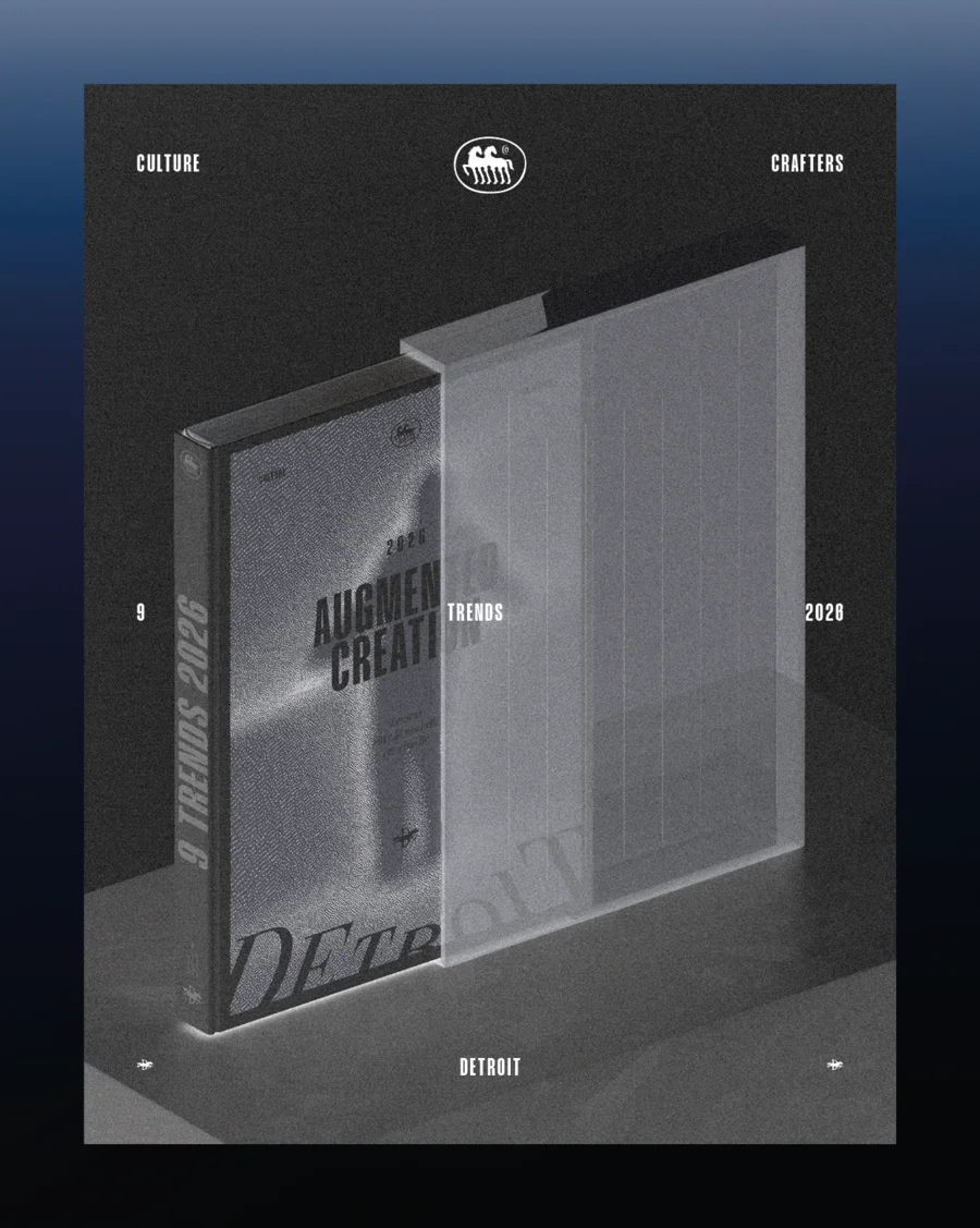Isometric rendering of a "9 Trends 2026" book standing beside its ghostly transparent double on a dark studio backdrop — cgi studio Thinkdiff, from Thinkdiff's "9 Trends 2026" report