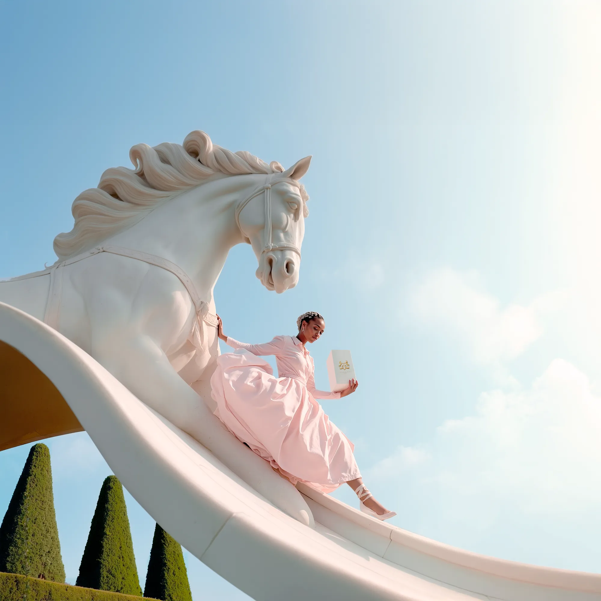 Woman in a pink gown sliding playfully down the tail of a giant white horse statue against the sky — virtual production studio Thinkdiff, photography & art direction by Alex, produced by Thinkdiff AI Production House