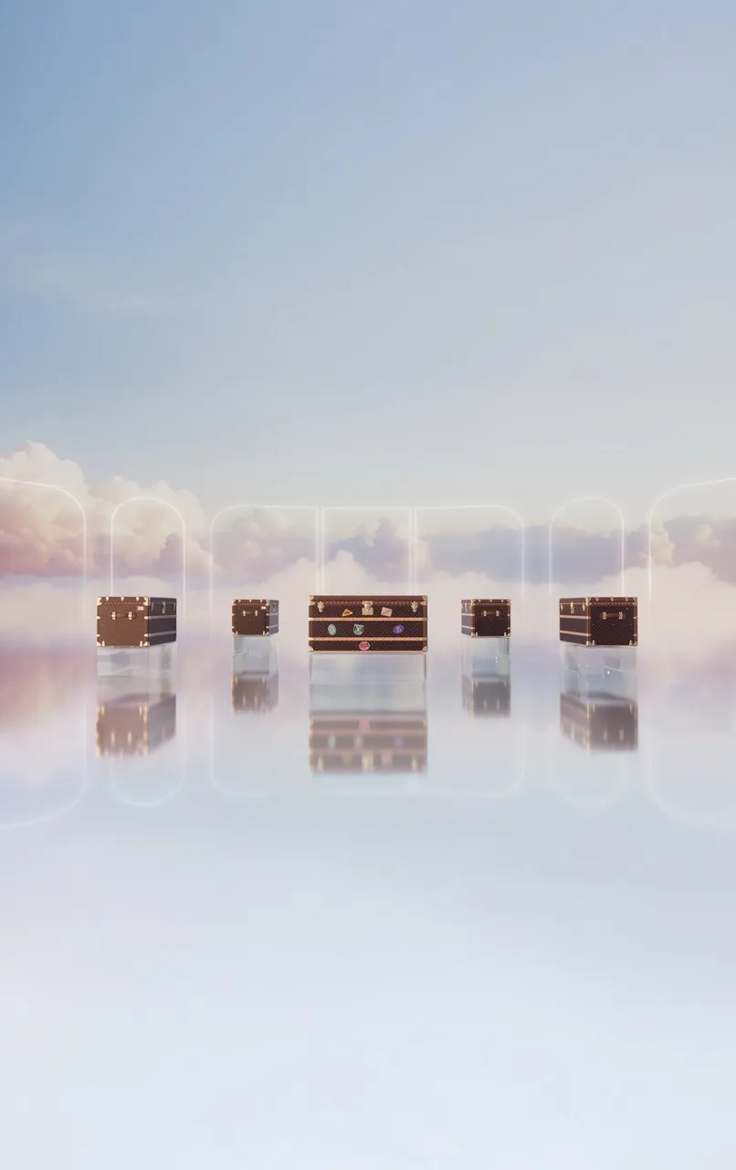 Louis Vuitton trunks reflected on misty still water at the horizon line — ai advertising agency Thinkdiff, photography & art direction by Thinkdiff AI Production House