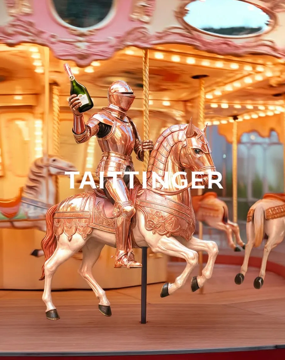 Rose-gold knight in armor riding a carousel horse while raising a champagne bottle, fairground lights behind — cgi advertising Thinkdiff, photography & art direction by Floow, produced by Thinkdiff AI Production House