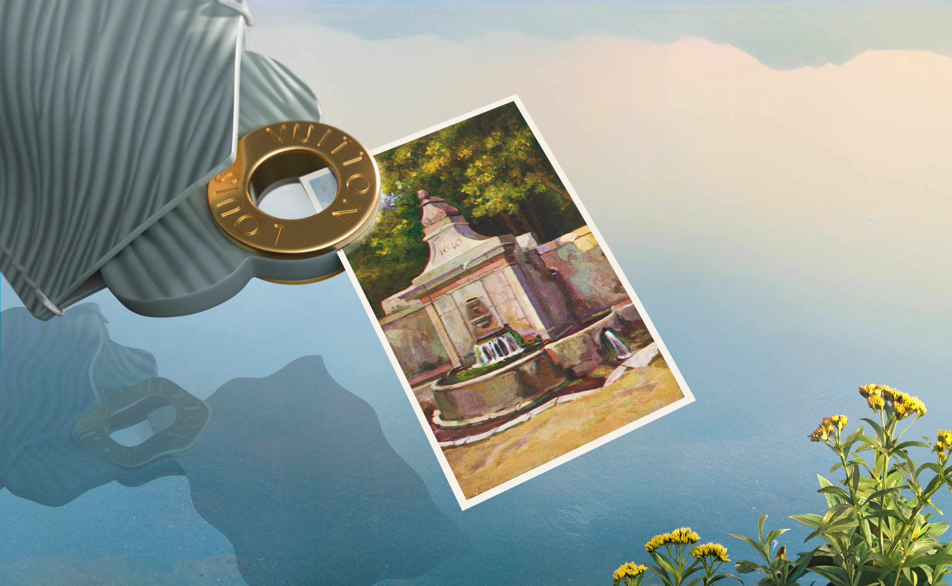 Vintage postcard of a village clipped by a wooden peg, floating above still water beside a striped fabric edge — ai video production Thinkdiff, photography & art direction by Thinkdiff AI Production House