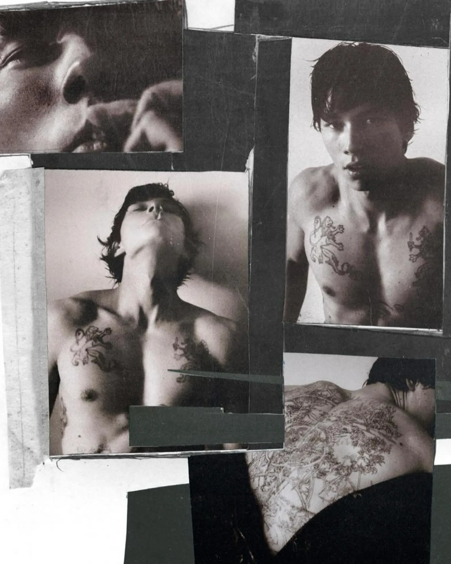 Grid collage of black and white portraits featuring tattooed torsos and cropped close-ups in moody lighting — luxury video production Thinkdiff, generative AI artwork & art direction by Noah Pharrell