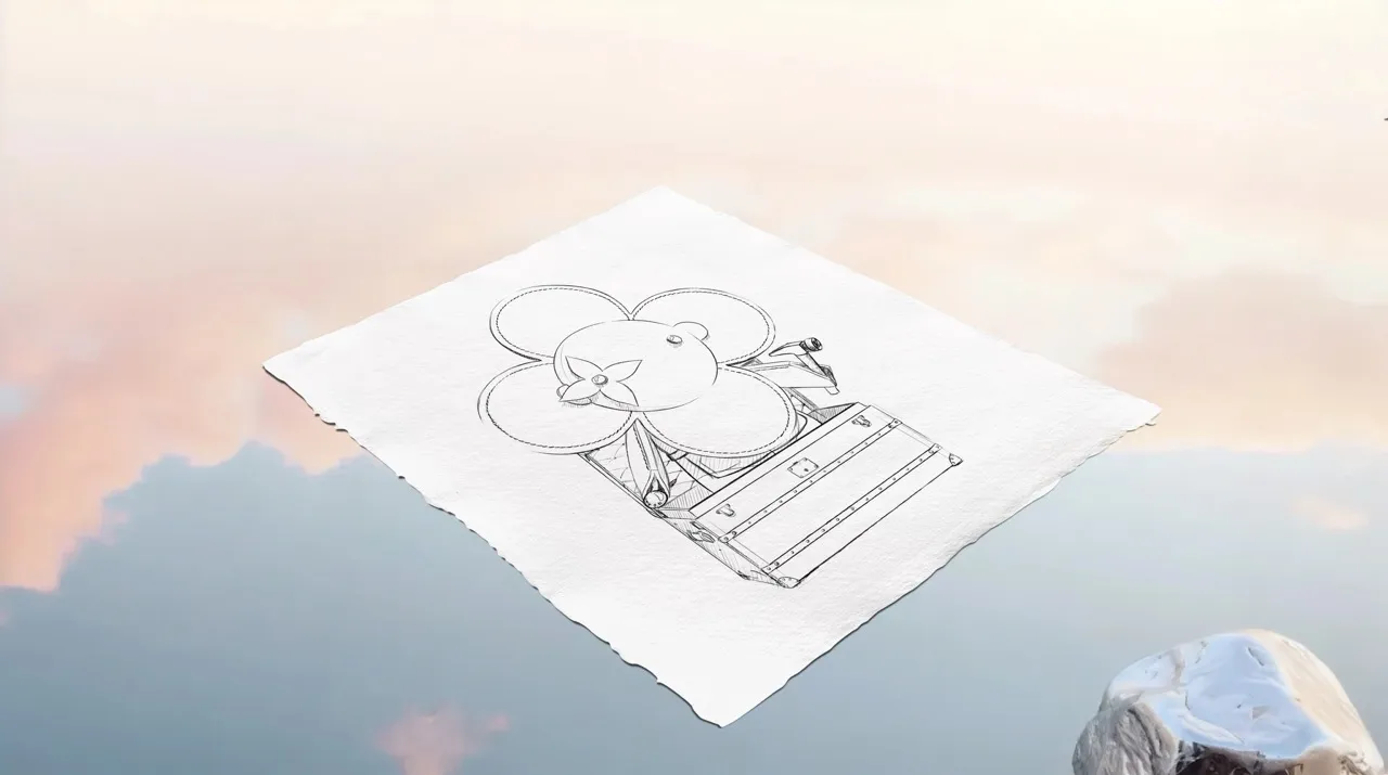 Hand-drawn Louis Vuitton sketch on paper floating above soft clouds beside a small rock, dreamlike composition — ai film production Thinkdiff, photography & art direction by Thinkdiff AI Production House