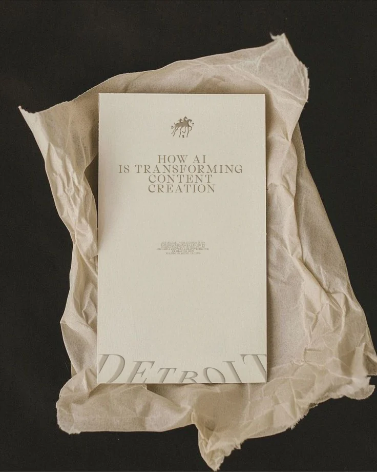 Cream report card titled "How AI Is Transforming Content Creation" resting on crumpled kraft paper against a black background — ai advertising agency Thinkdiff, cover visual for Thinkdiff's "How AI Is Transforming Content Creation" report