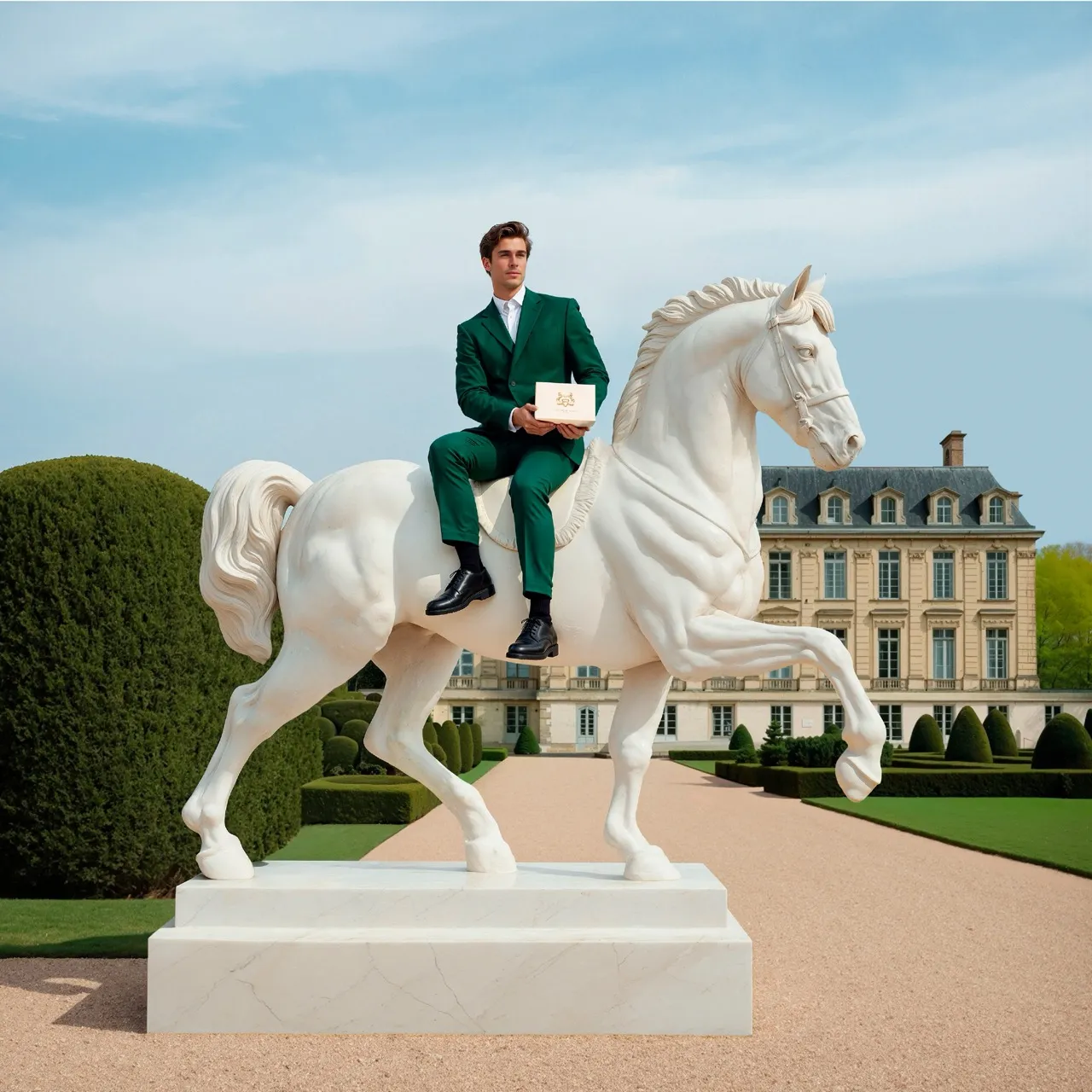 Man in green suit sitting atop a rearing white horse statue before a French chateau for the Marly Jardins case study — 3d product animation Thinkdiff, photography & art direction by Alex, produced by Thinkdiff AI Production House