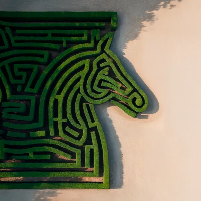 Aerial view of a boxwood hedge maze shaped like a horse's head for the Marly Jardins case study — ai advertising agency Thinkdiff, photography & art direction by Alex, produced by Thinkdiff AI Production House