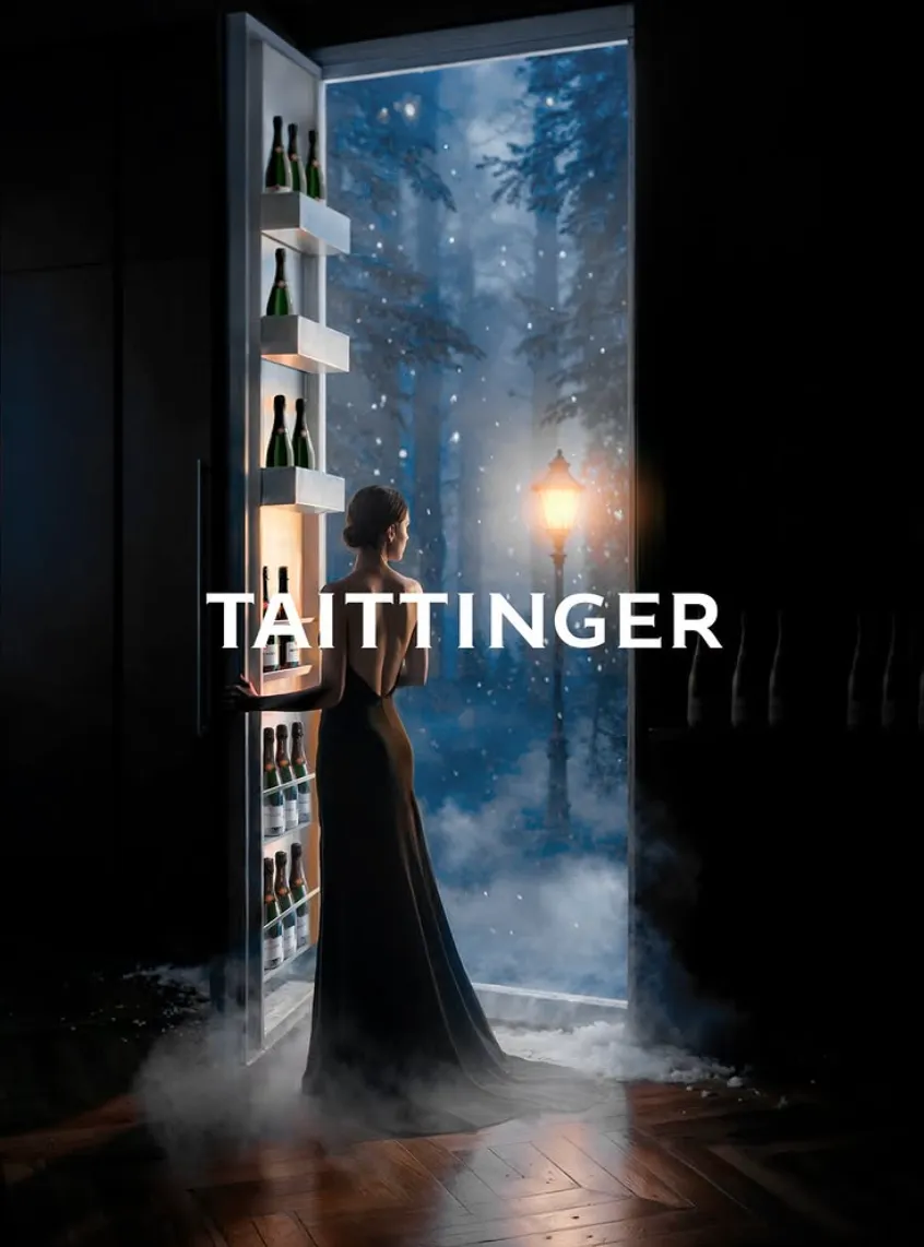 Woman in a black gown standing in a glowing refrigerator door lined with Taittinger bottles, misty forest beyond — cgi studio Thinkdiff, photography & art direction by Floow, produced by Thinkdiff AI Production House