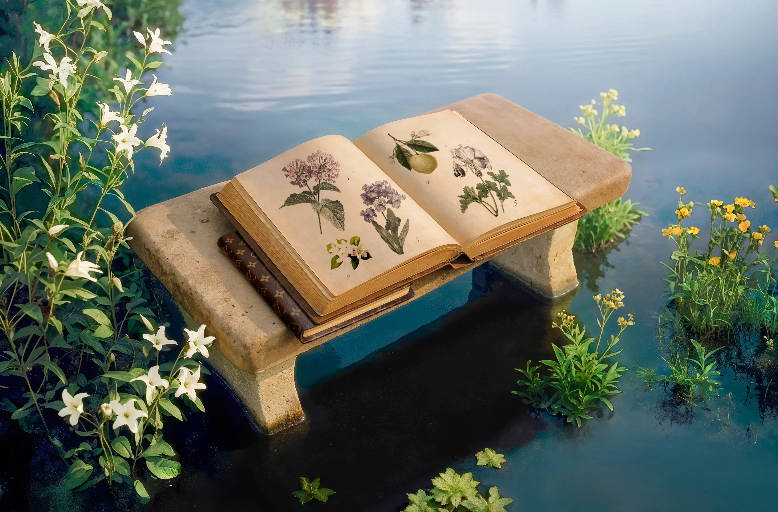 Open botanical illustration book resting on a stone bridge surrounded by lilies and wildflowers over water — 3d product animation Thinkdiff, photography & art direction by Thinkdiff AI Production House