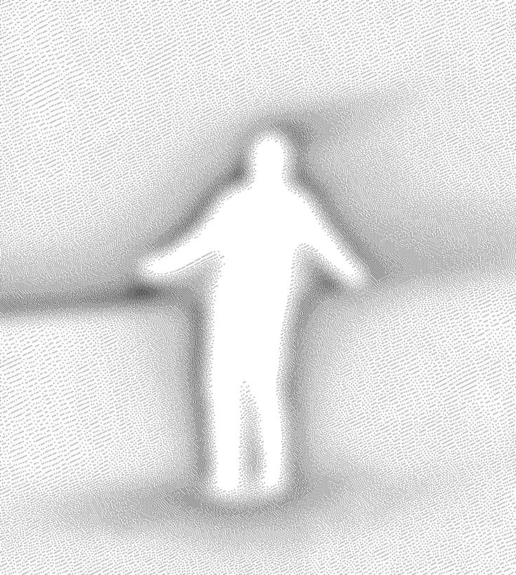 Grainy dithered silhouette of a standing figure with arms slightly raised, abstract halftone texture — 3d product animation Thinkdiff, visual filler for Thinkdiff's Insights section