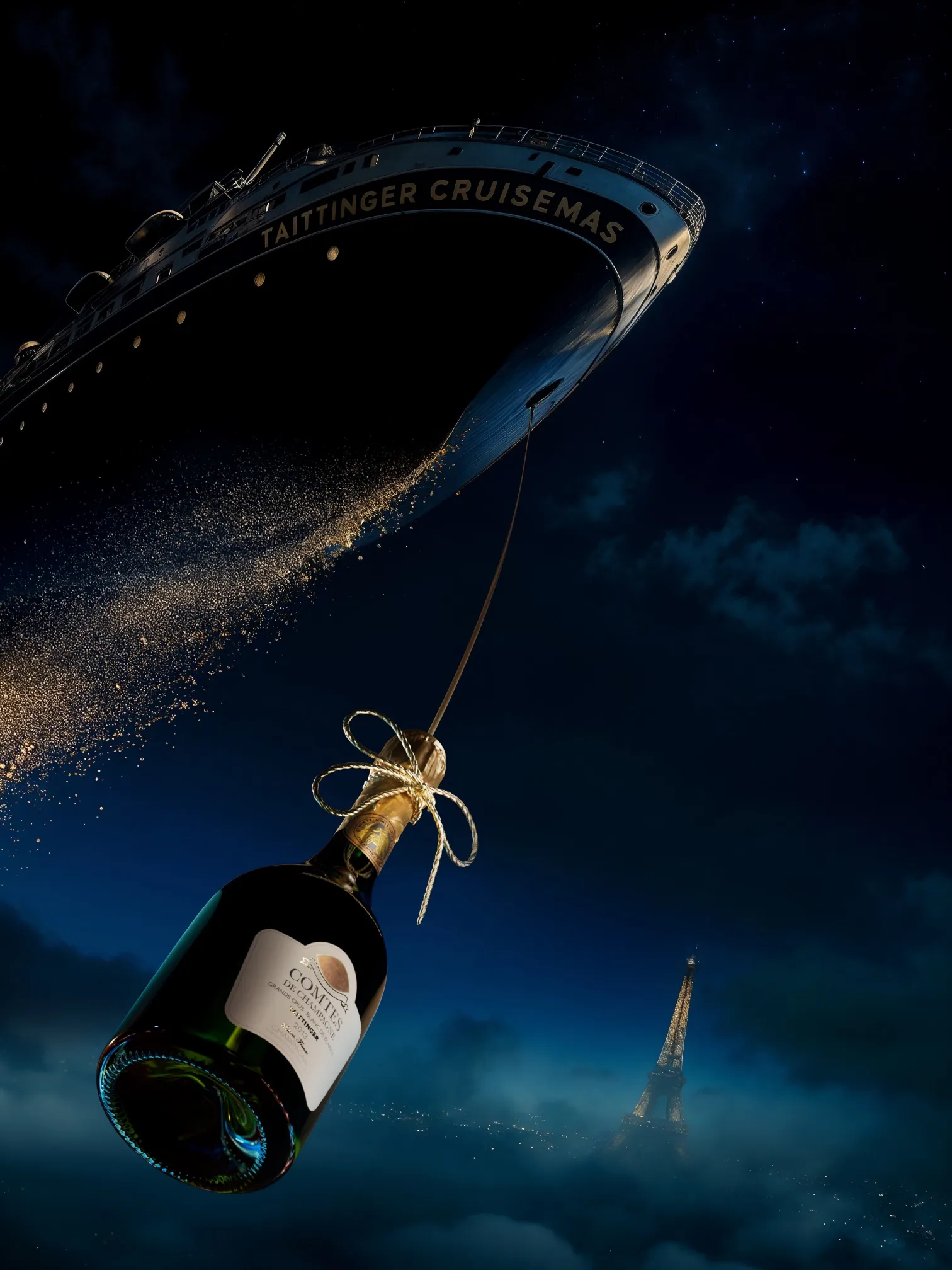 Taittinger bottle floating like a balloon on a string above dark water under a starry night sky — virtual production studio Thinkdiff, photography & art direction by Floow, produced by Thinkdiff AI Production House
