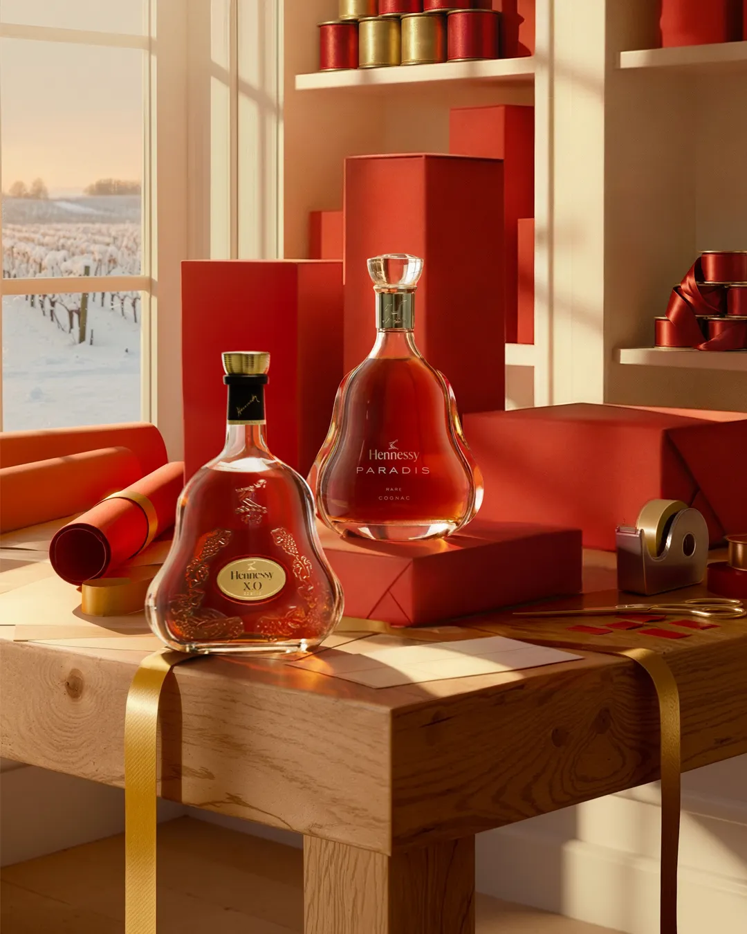 Hennessy bottles displayed on a desk in a warm red-toned interior with shelved boxes — 3d product visualization Thinkdiff, photography & art direction by Thinkdiff AI Production House