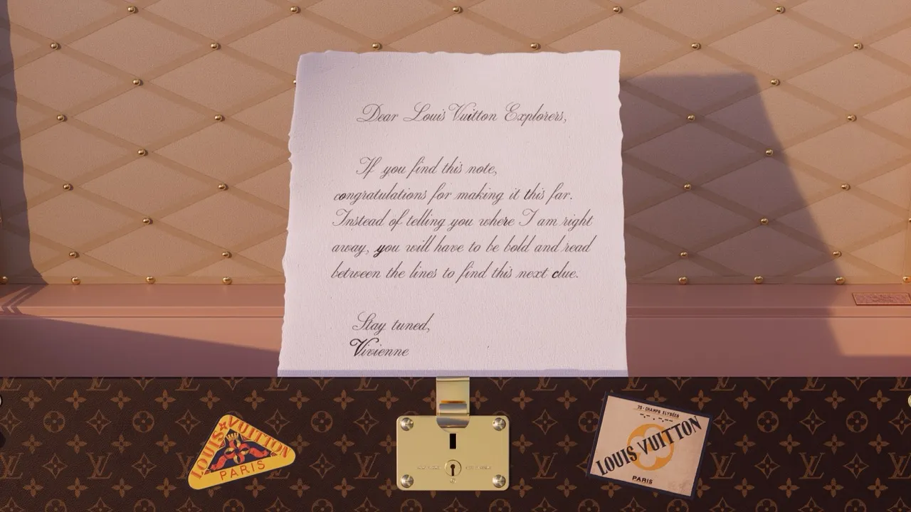 Close-up corner of a Louis Vuitton trunk with a handwritten note pinned beside a monogram charm — virtual production studio Thinkdiff, photography & art direction by Thinkdiff AI Production House