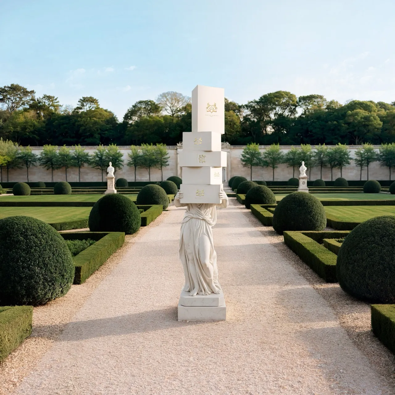 Aerial garden avenue lined with round topiaries and marble statues leading toward a Parfums de Marly display — cgi studio Thinkdiff, photography & art direction by Alex, produced by Thinkdiff AI Production House