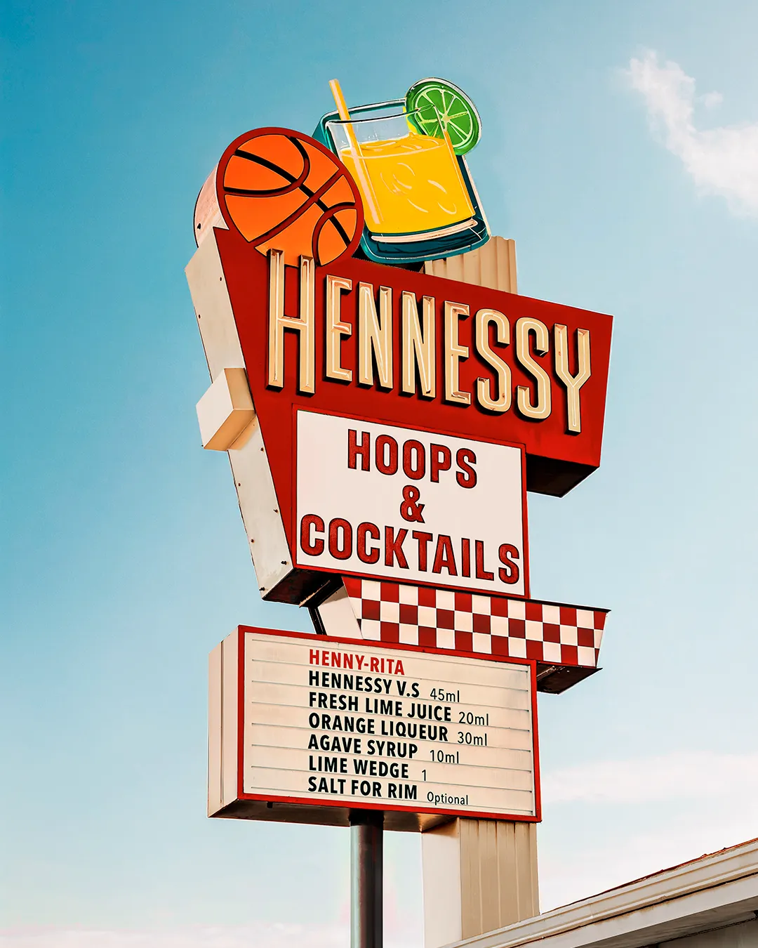 Vintage roadside sign reading "Hennessy Hoops & Cocktails" against a clear blue sky — 3d product visualization Thinkdiff, photography & art direction by Thinkdiff AI Production House